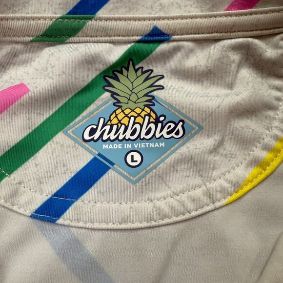 Chubbies Performance Polo Shirt Men L White Green Pink Blue Striped Stretch - Picture 5 of 13